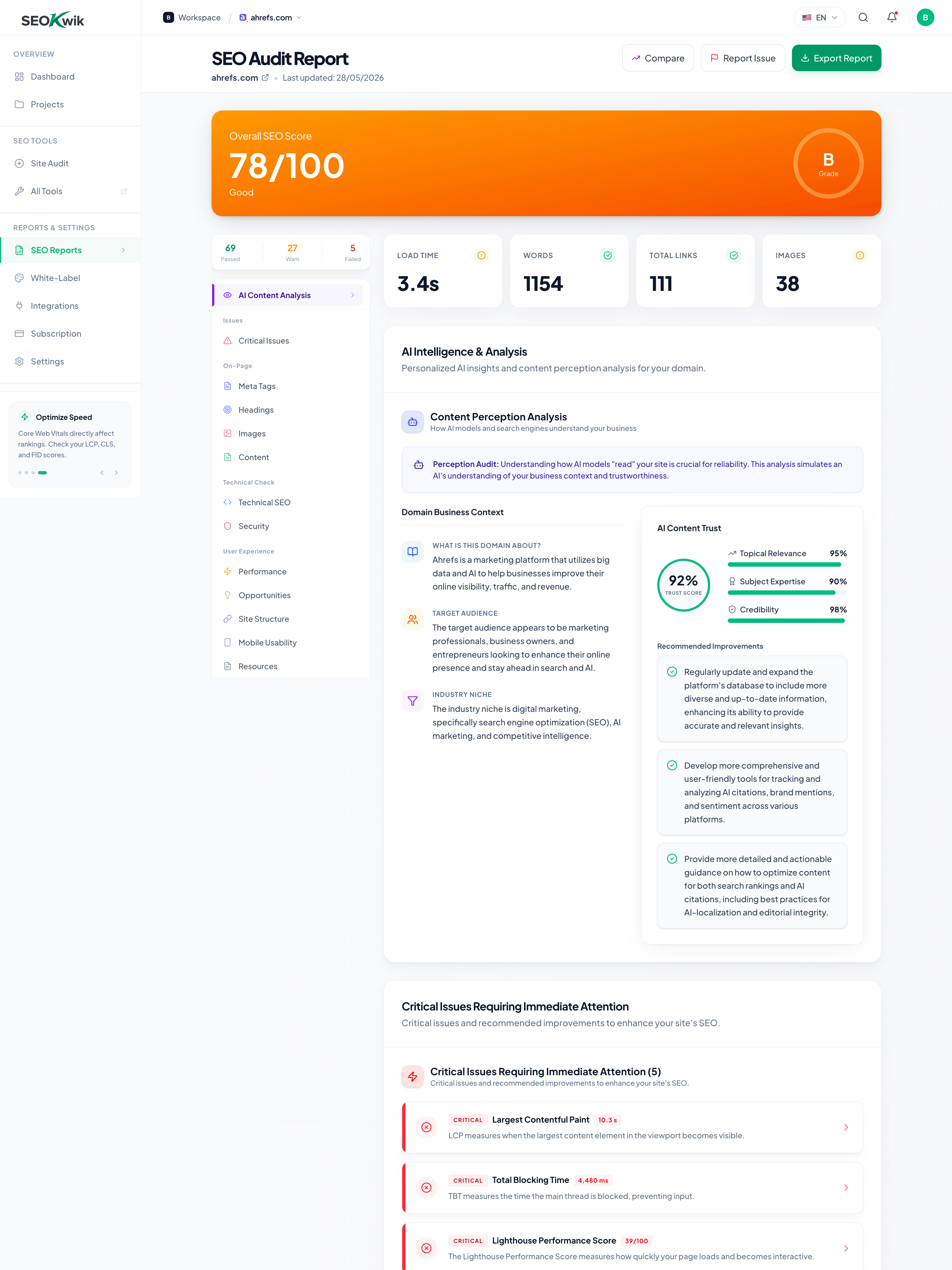 SEO Audit Report Dashboard